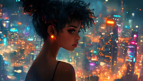 Neon city portrait shows pensive woman in rainy dusk glow