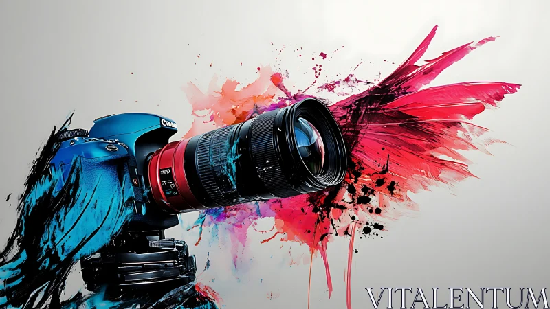 Explosive DSLR camera portrait with vibrant paint bursts.