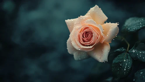 Peach-Salmon Rose with Dew Droplets on Blurred Teal Background