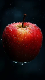 Glistening red apple floating in a quiet midnight drizzle.