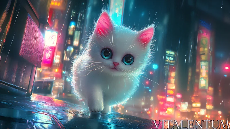 White Cat with Pink Ears in Neon Rain.