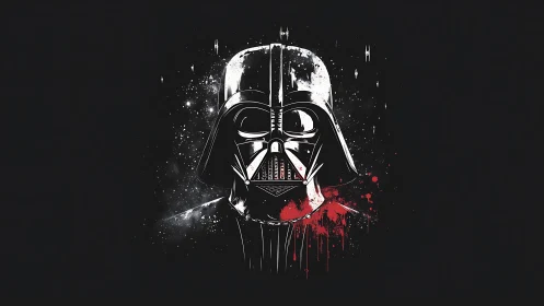 Dark sci-fi helmet emerges from cosmic splatter shadows.