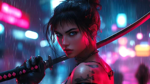 Neon lit warrior pauses in rain, holding a poised katana