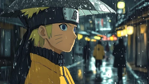 Rain-soaked ninja wanders lantern-lit alley of quiet resolve.