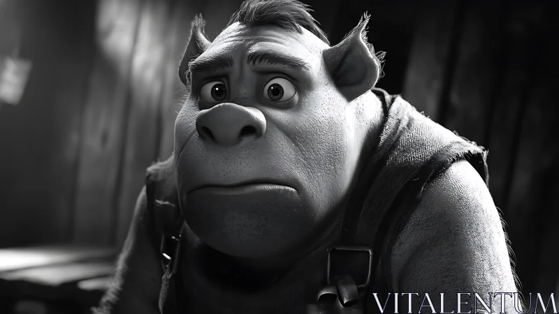 Worried 3D ogre portrait in dramatic monochrome light.