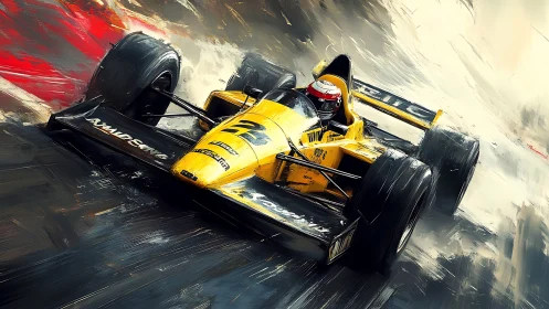 Yellow race car slicing through a storm of speed and color.