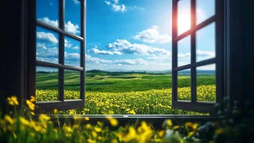 Open casement window framing hyperreal spring meadow panorama.