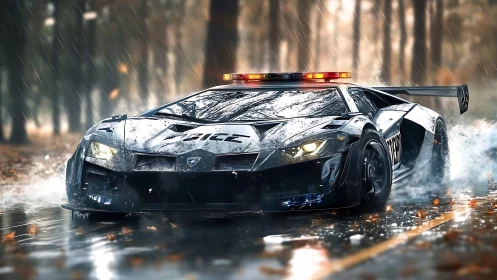 Rain-slashed forest pursuit with a feral supercar cruiser.