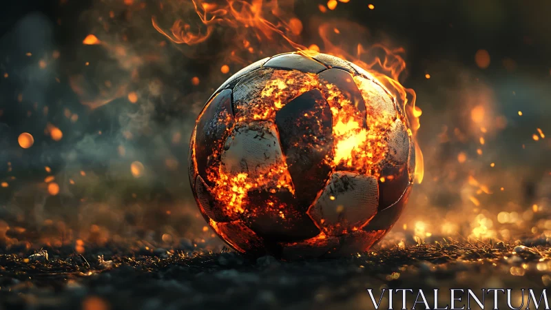 Blazing soccer ball erupts in flames on smoldering ground.