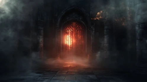 Gothic stone gate glows with infernal red light and smoke.