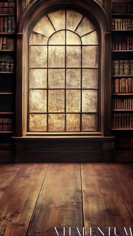 Tall arched library window centered between full bookshelves