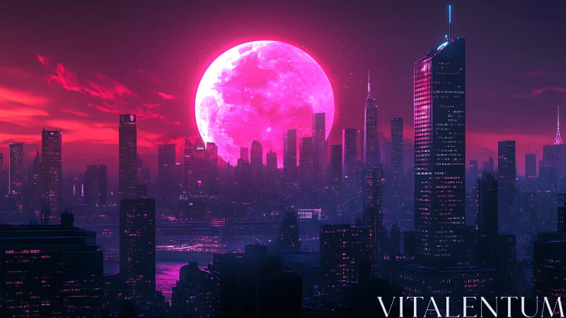 Neon magenta moonrise over futuristic high-rise skyline.