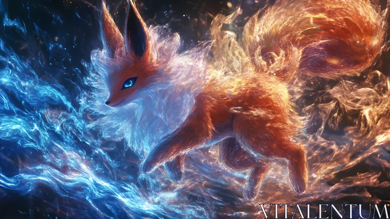 Elemental fox spirit running through fire and water energy.