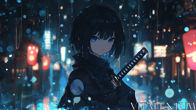 Young swordswoman in rainy neon city street at night.