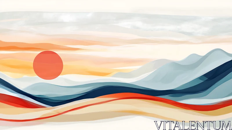 Stratified chromatic landscape with abstract solar disc horizon.