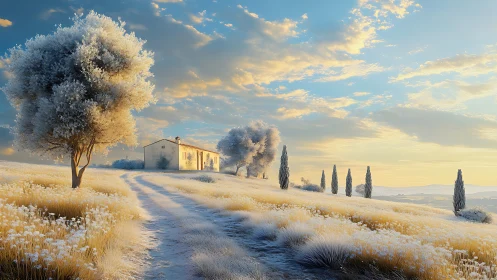 Golden hour farmhouse overlooks frosted Tuscan hillside path