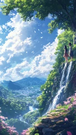 Vertical anime landscape shows valley city, waterfall and cloud depth