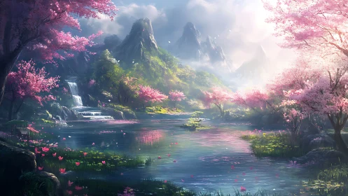 Chromatic spring valley with tiered waterfall and reflective lake