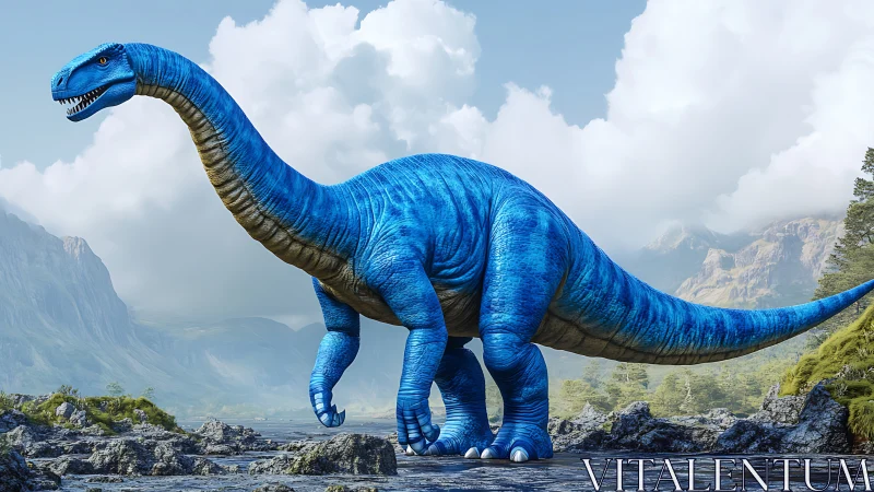 Cobalt sauropod dinosaur in hyper-detailed alpine wetland scene.