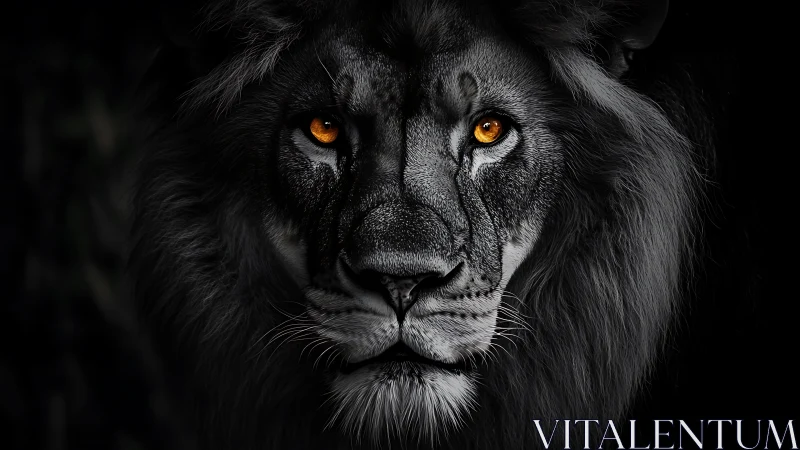 Monochrome lion portrait isolates illuminated amber eyes clearly