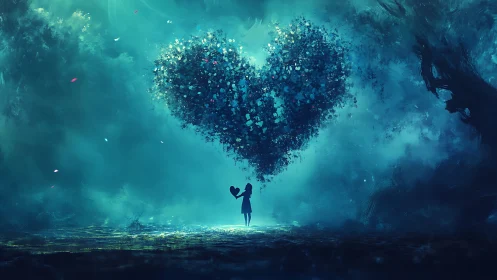 Figure holding silhouetted heart form composed of dispersed particles.