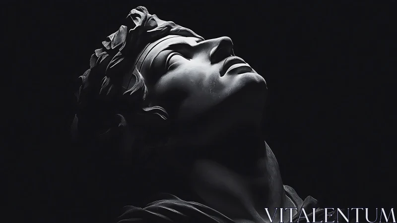 Marble bust in profile with upward gaze against dark void.