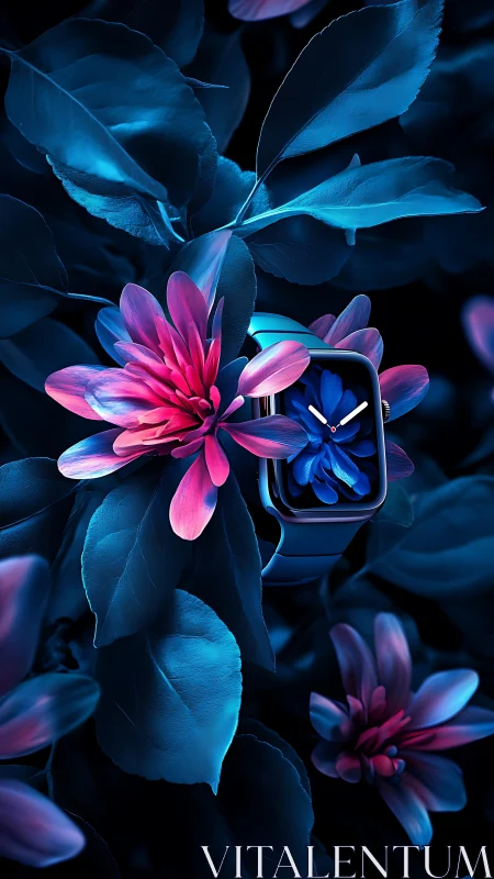 Neon blossoms cradle a midnight-blue digital watch face