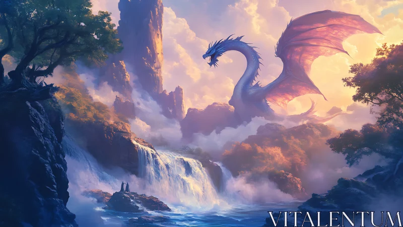 Large winged dragon over misty waterfalls and cliffs.
