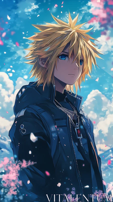 Blond anime youth in noir jacket under drifting sakura sky