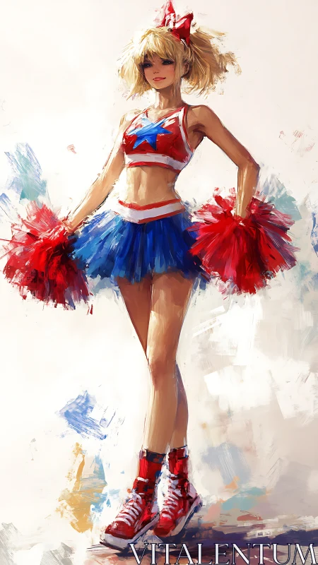 Energetic cheerleader in red and blue star uniform artwork.