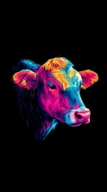 Neon cow stares calmly from a midnight field of black