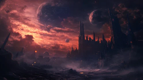 Dramatic alien skyline glows under burning crimson clouds