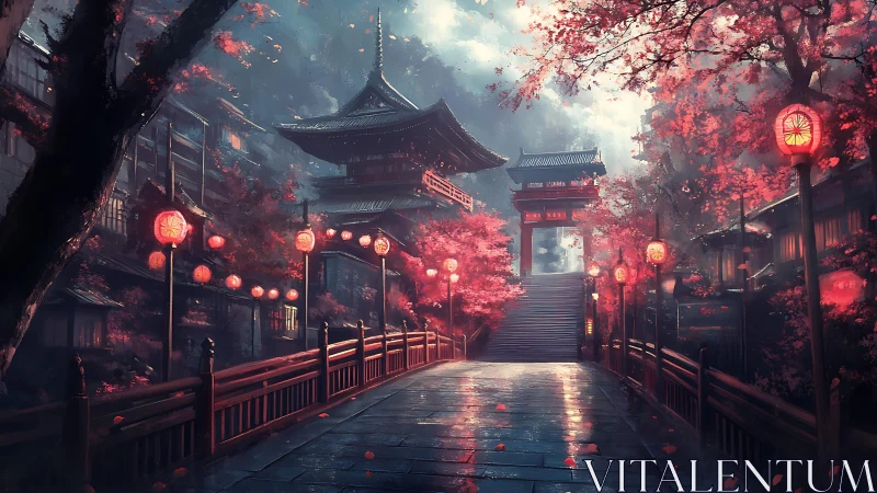 Twilight shrine causeway under lantern-biased chromatic fog.