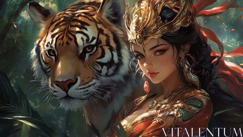 Regal jungle sorceress with tiger companion, jeweled armor