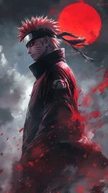 Side-profile ninja figure stands before a red circular moon