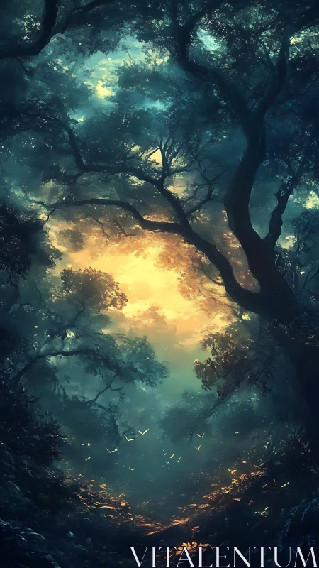 Enchanted Forest Glade with Golden Sunburst.