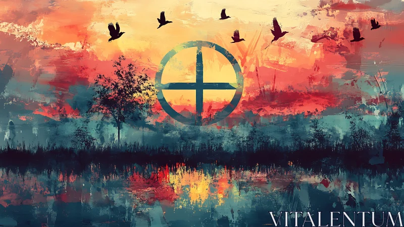 Circular cross symbol over abstract sunset landscape scene.