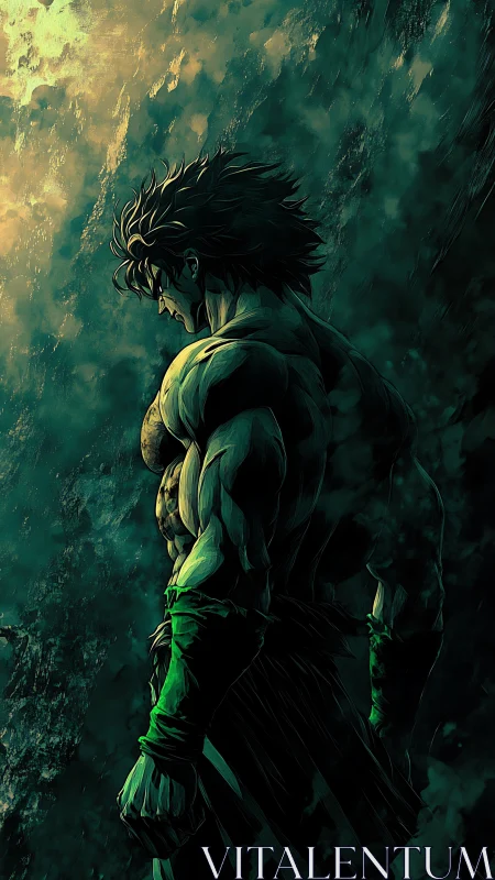 Brooding green warrior in stormlit vertical anime artwork.