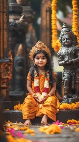 Temple portrait of young girl in festive traditional attire.