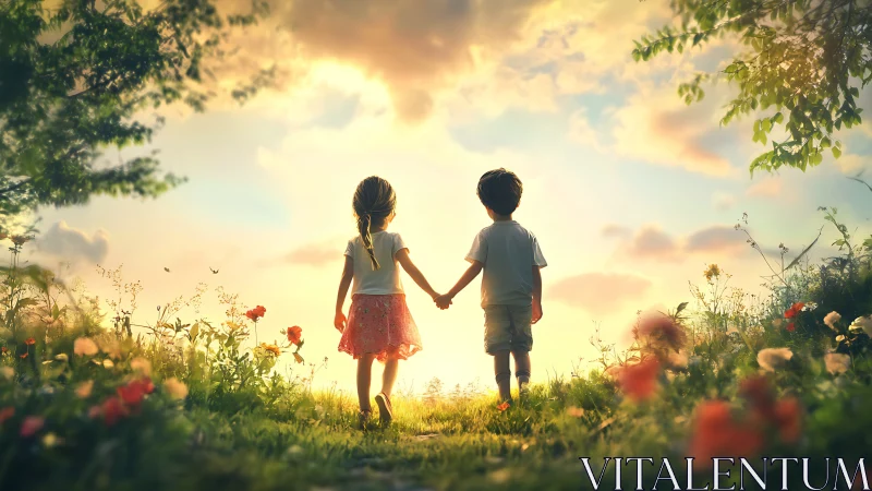 Two Young Adventurers Hold Hands Through Golden Flower Meadow Dreams