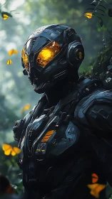 Gentle mech guardian glowing softly among golden butterflies.
