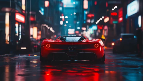 Sleek red supercar idles in neon city rain at night.