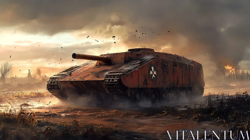 Armored assault tank advances through cinematic war-torn marsh
