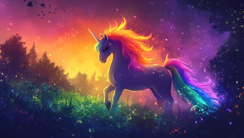 Rainbow-maned unicorn wandering through a glowing dream forest.