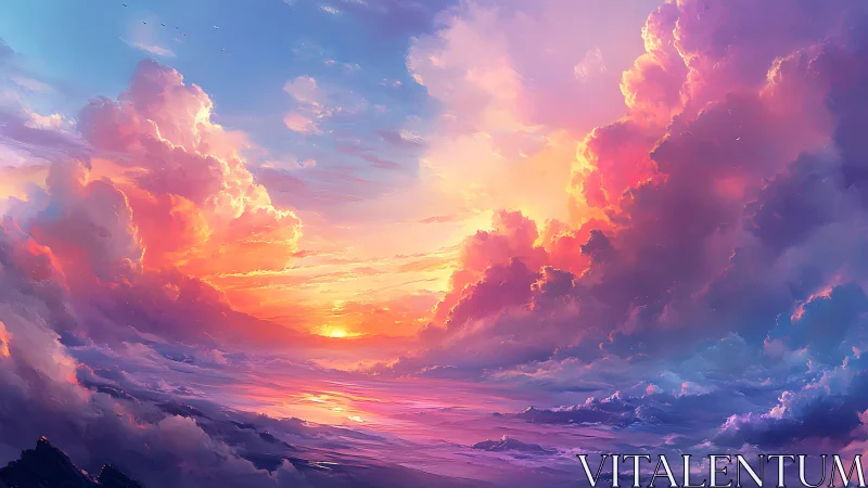 Radiant stratiform clouds framing a high chroma digital sunset