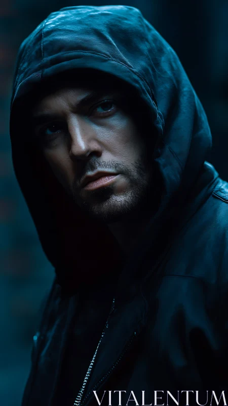 Hooded male subject in low key, blue-toned portrait lighting