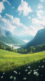 Mountain valley landscape shows sunlit meadow and distant peaks