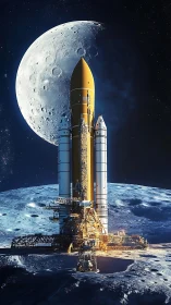 Lunar launch system silhouetted against enlarged moon disk