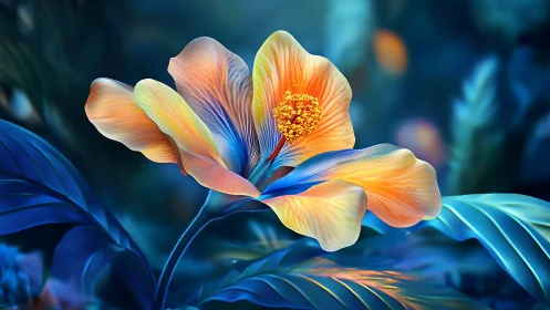 Bioluminescent flower glows softly in a dreamlike night garden