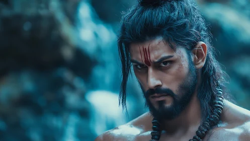 Intense warrior portrait with sacred markings outdoors.